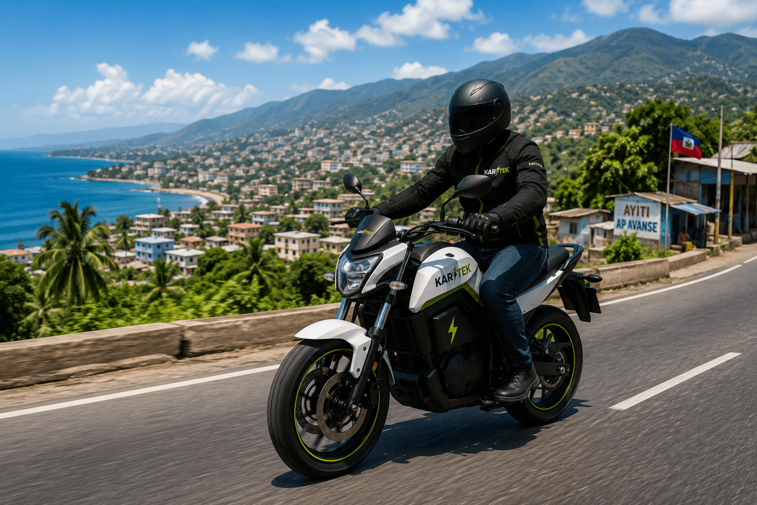 KARITEK electric motorcycle riding along Haiti's coast