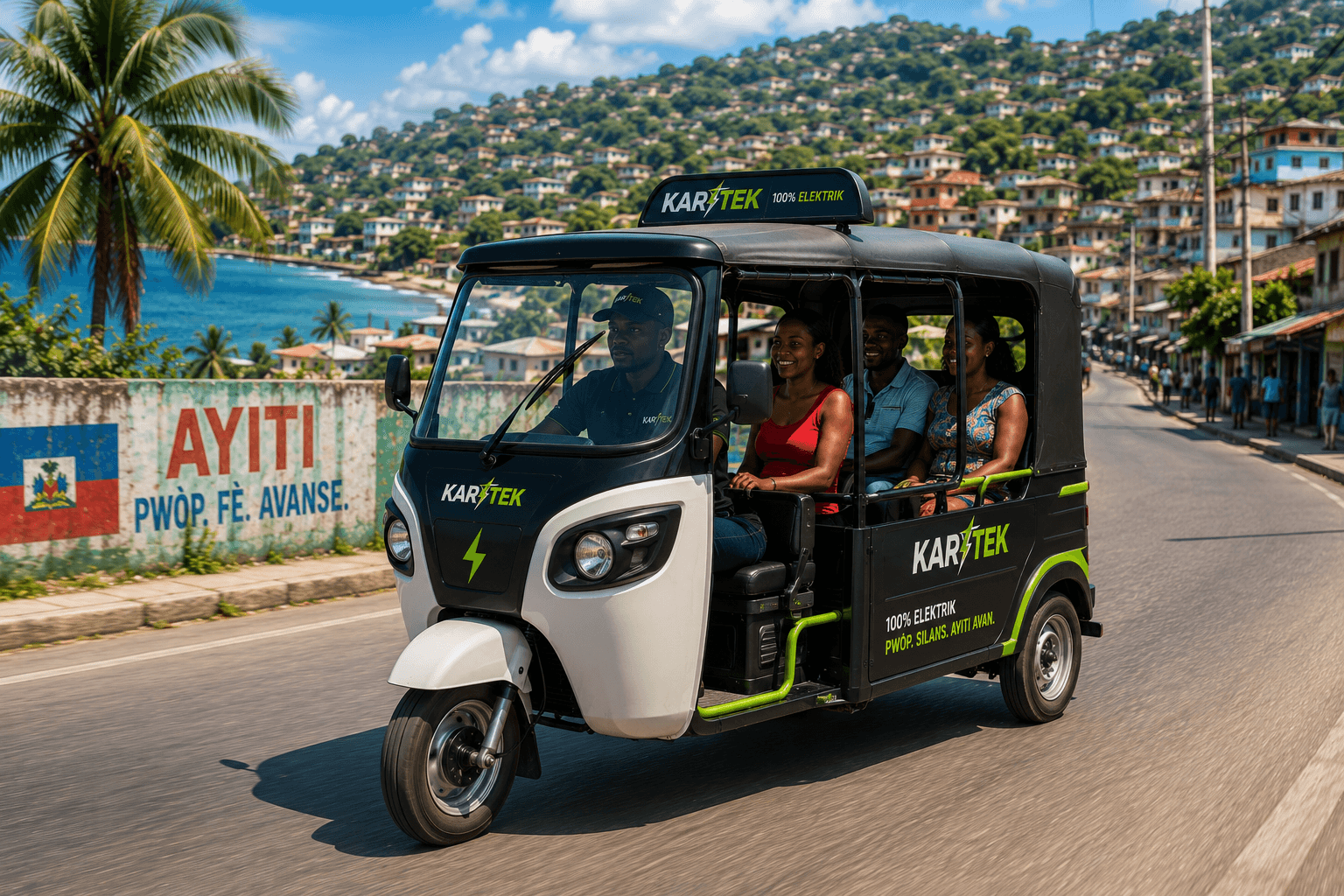 KARITEK electric passenger vehicle in a Haitian community
