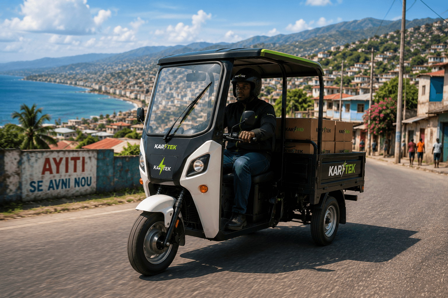 KARITEK electric cargo vehicle serving a Haitian community