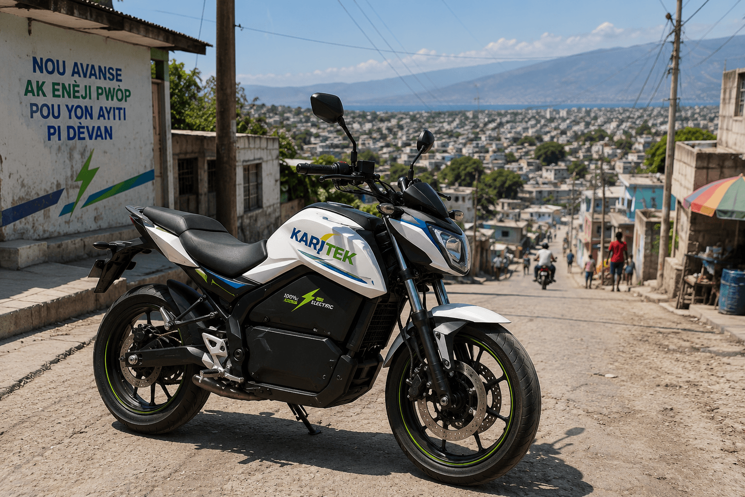 KARITEK electric motorcycle in a Haitian community
